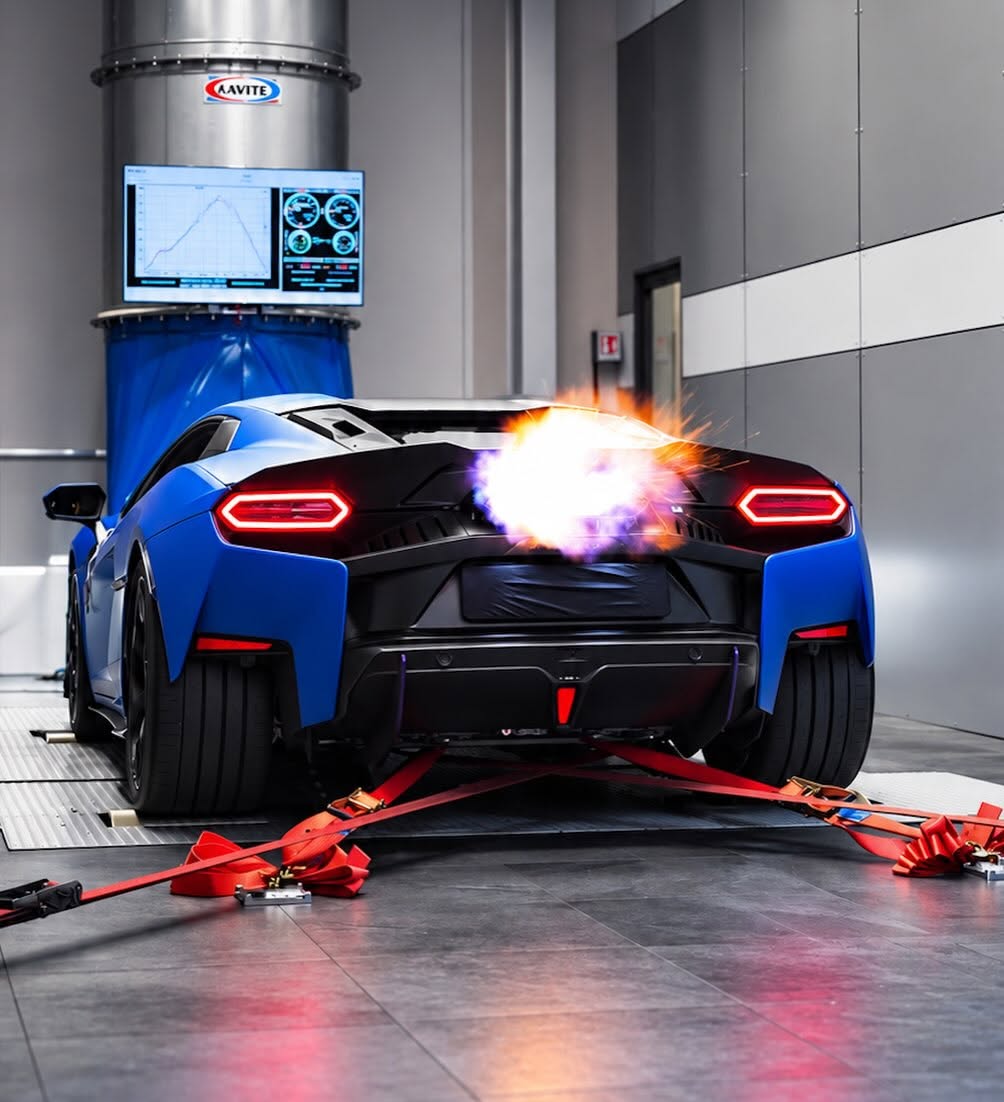 Blue Lamborghini spitting flames from the exhaust during a dyno run